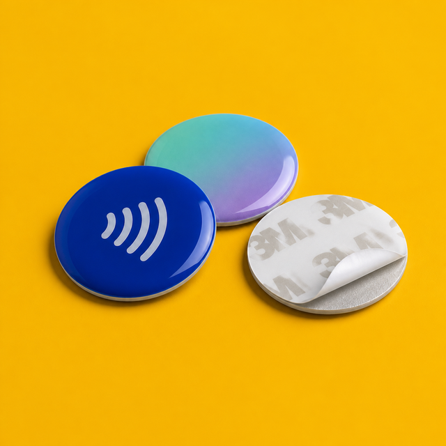 Badges NFC ronds personnalisables avec adhésif 3M sur fond jaune safran