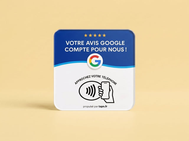 Carte NFC Avis Google bleu et blanc sur fond jaune safran