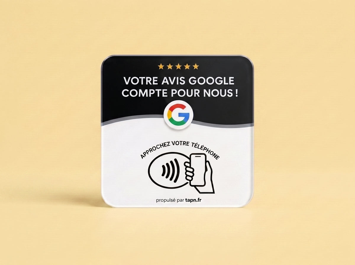Carte NFC Avis Google noir et blanc sur fond jaune safran