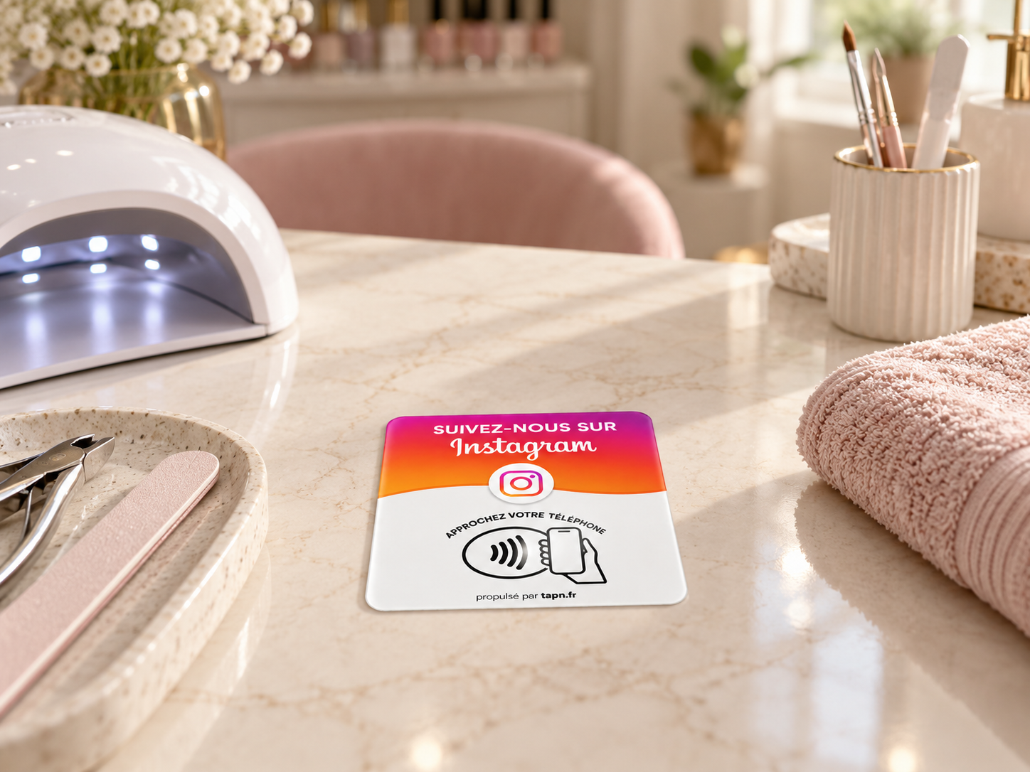 Carte NFC Instagram sur le comptoir d'un salon esthétique