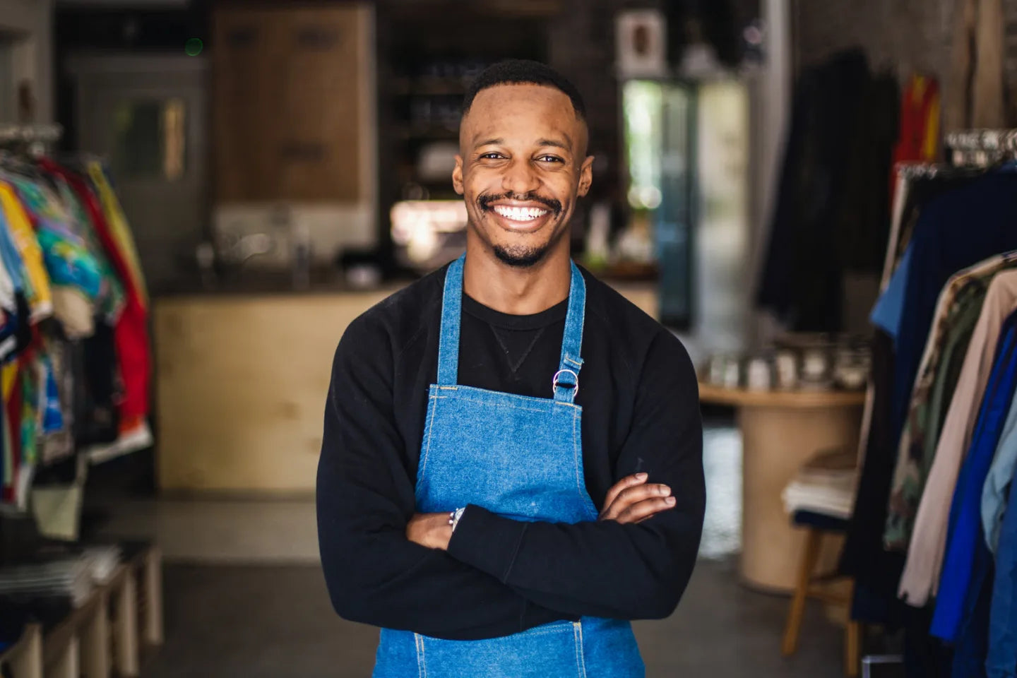 Commerçant souriant, bras croisés, dans sa boutique